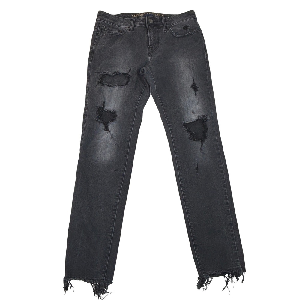 American Eagle Skinny Jeans Womens 29 Black Distressed Extreme Flex 4 Raw Hem
